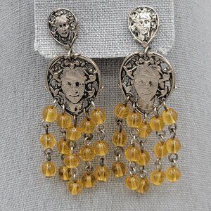 Silver Tone Dangle Stud Earrings Roman Faced Dangly 5 Strands of Beads 3" L